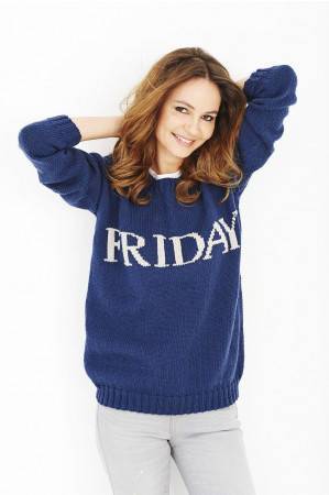 Ladies navy knitted jumper with Friday written across front