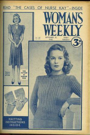 Cover of 1940s Woman's Weekly featuring retro womens ribbed sweater 