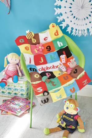 Nursery knitted wall hanging with letters of the alphabet pockets and toys 