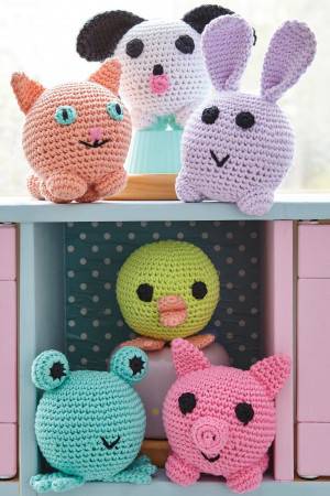 Crocheted amigurumi cat, dog, rabbit, frog, chick and pig