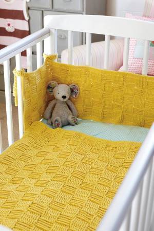 Mustard yellow crocheted baby cot blanket and bumper