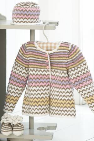 Knitted hat, coat and booties for a baby with mix of zig zag chevrons and stripes