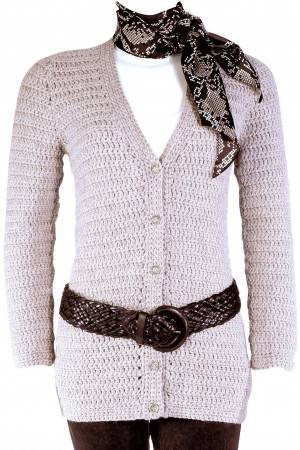 Long crocheted cardigan with buttoned front, V-neck and long sleeves