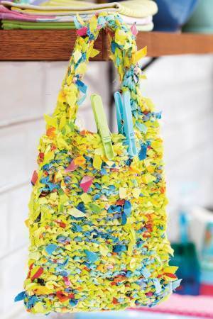 Knitted clothes peg bag made from scraps of fabric
