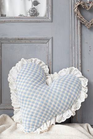Knitted Fair Isle gingham heart cushion with fabric trim 