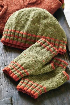 Striped knitted hat and matching fingerless gloves 