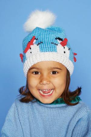 Child's knitted hat with snowmen motif around the crown