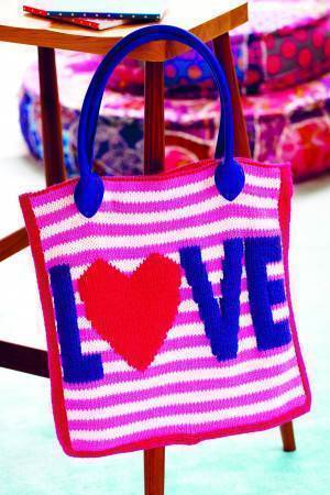 Knitted tote bag with love motif and stripes
