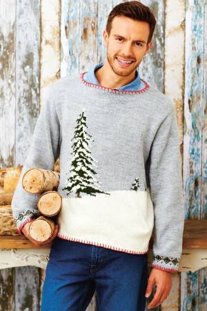 Grey knitted Christmas sweater for a man with design of a pine tree in snow