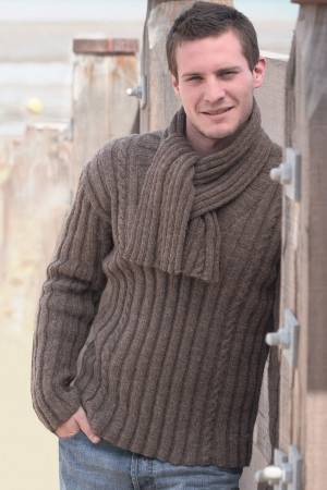 Knitting men's rib and cable jumper with matching scarf