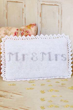 Crocheted oblong Mr & Mrs wedding cushion with lace edge