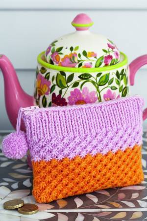 Pink and orange zip-up purse with a pompom