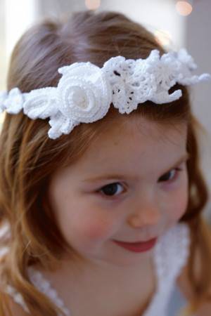 White crocheted floral wedding head garland for flower girl