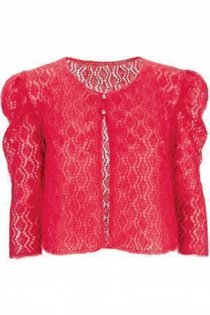 Short knitted lace mohair cardigan for women with puff sleeves and two button fastening at neck