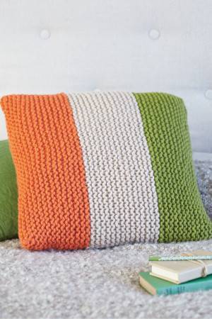 Knitted tricolour cushion cover in bold stripes 