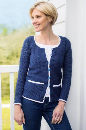 Crocheted women's cardigan featuring a white trim