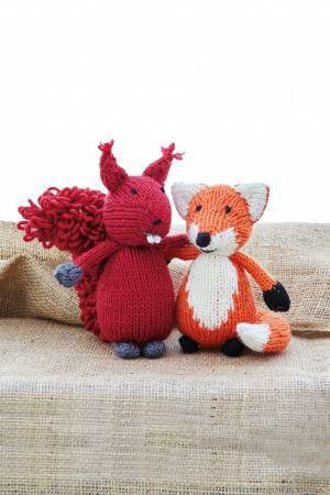 Knitted squirrel toy with bushy tail and fox toy friend