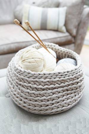 Large crocheted storage bowl in thick yarn 