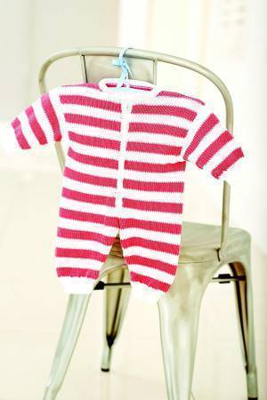 Striped babygro knitted with pink and white stripes