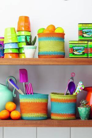 Round crocheted storage pot with striped design