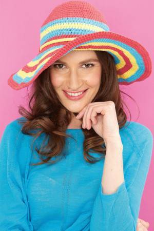 Crocheted multi-colour sun hat for women with wide brim