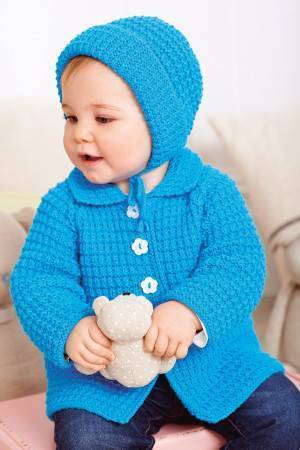 Blue knitted vintage baby jacket and bonnet