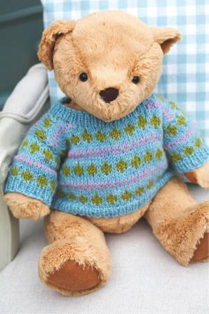 Knitted teddy bear sweater with design of stripes and diamonds