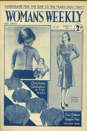 Cover of 1940s Woman's Weekly featuring retro children's long-sleeve cardigan knitting pattern