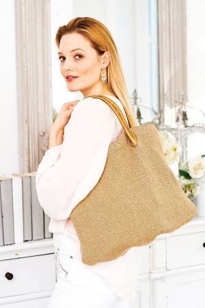 Ladies' over-the-shoulder tote-style bag knitted in gold yarn