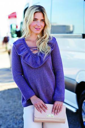 Ladies' knitted sweater with V-neck and ruffles