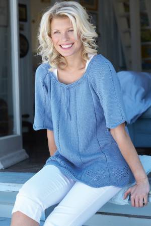 Tie-neck panelled knitted ladies' sweater with lace panels and short sleeves