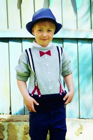 Knitted sweater for boys with bow tie and braces design