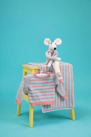 Stripy baby set of jumper, blanket and mouse toy knitting pattern