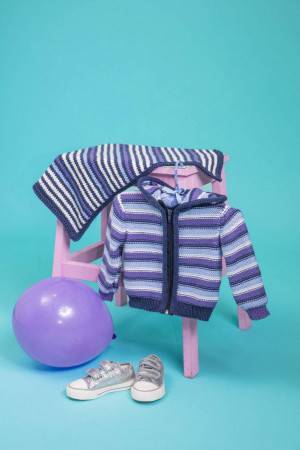 Striped hooded zip up jacket and matching blanket knitting pattern