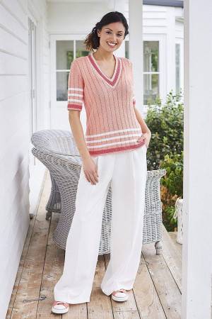 knitted ladies cricket jumper in peach with stripes