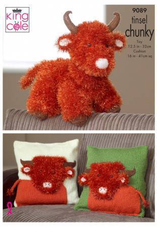 Highland Cow and Cushion Cover in King Cole Tinsel Chunky, Big Value Chunky and Dollymix (9089)