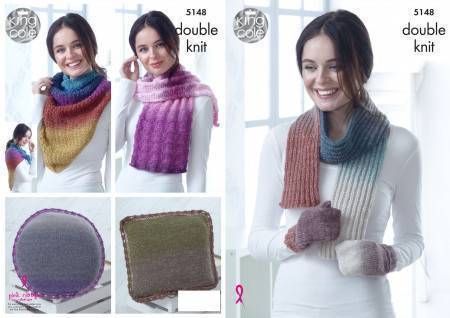 Mittens, Scarf, Square and Round Cushions, Lace Wrap and Triangular Wrap in King  Cole Curiosity DK (5148)
