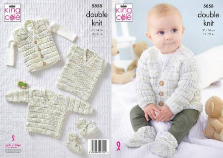 Cardigan, Sweater, Waistcoat, Tank Top and Bootees in King Cole Little Treasures DK (5858)