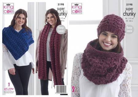 Poncho, Wide Scarf, Snood and Hat in King Cole Big Value Super Chunky Stormy (5198)