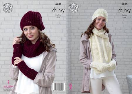 Beanie, Scarf, Mittens, Snood, Slouchy Hat and Wrist Warmers in King Cole Magnum Chunky (5035)