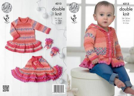 Dress, Hoodie, Poncho and Mittens in King Cole Drifter for Baby DK and Cottonsoft DK (4313)