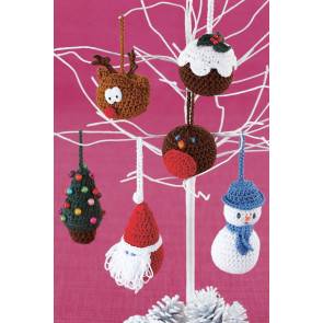 6 crocheted Christmas decorations - reindeer, tree, robin, pudding, snowman and Santa