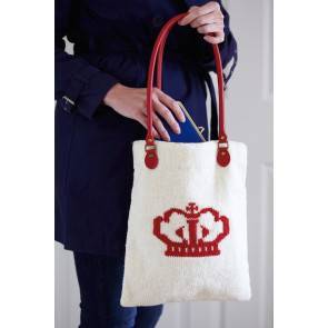 Knitted shopping bag with crown motif in bold red on side
