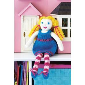 Knitted dolly with blonde hair, blue dress and striped tights