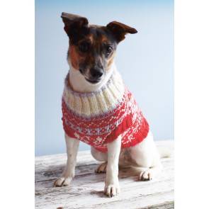 Red and cream knitted Fair Isle winter coat for a small dog with ribbed collar