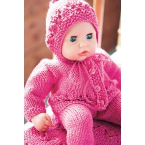 Knitted hat, buttoned jacket and leggings for dolls in pink