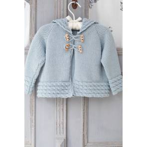 Knitted jacket for a baby with toggle fastening and cable trim