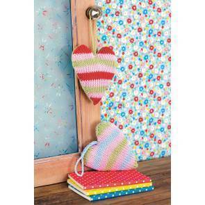 Two stuffed striped knitted hearts with hanging thread loops