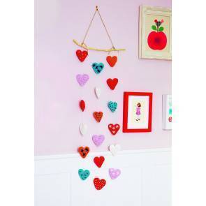 Hanging mobile with crochet hearts