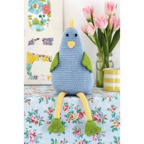 Crocheted toy hen in blue, yellow and green 